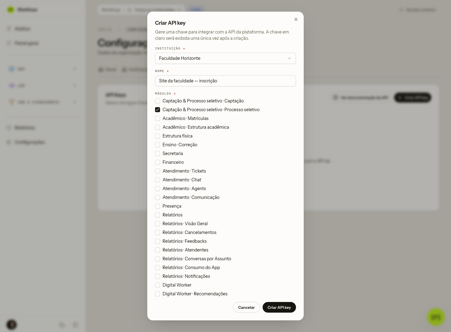 A criação de uma API key: instituição, nome e os módulos do escopo