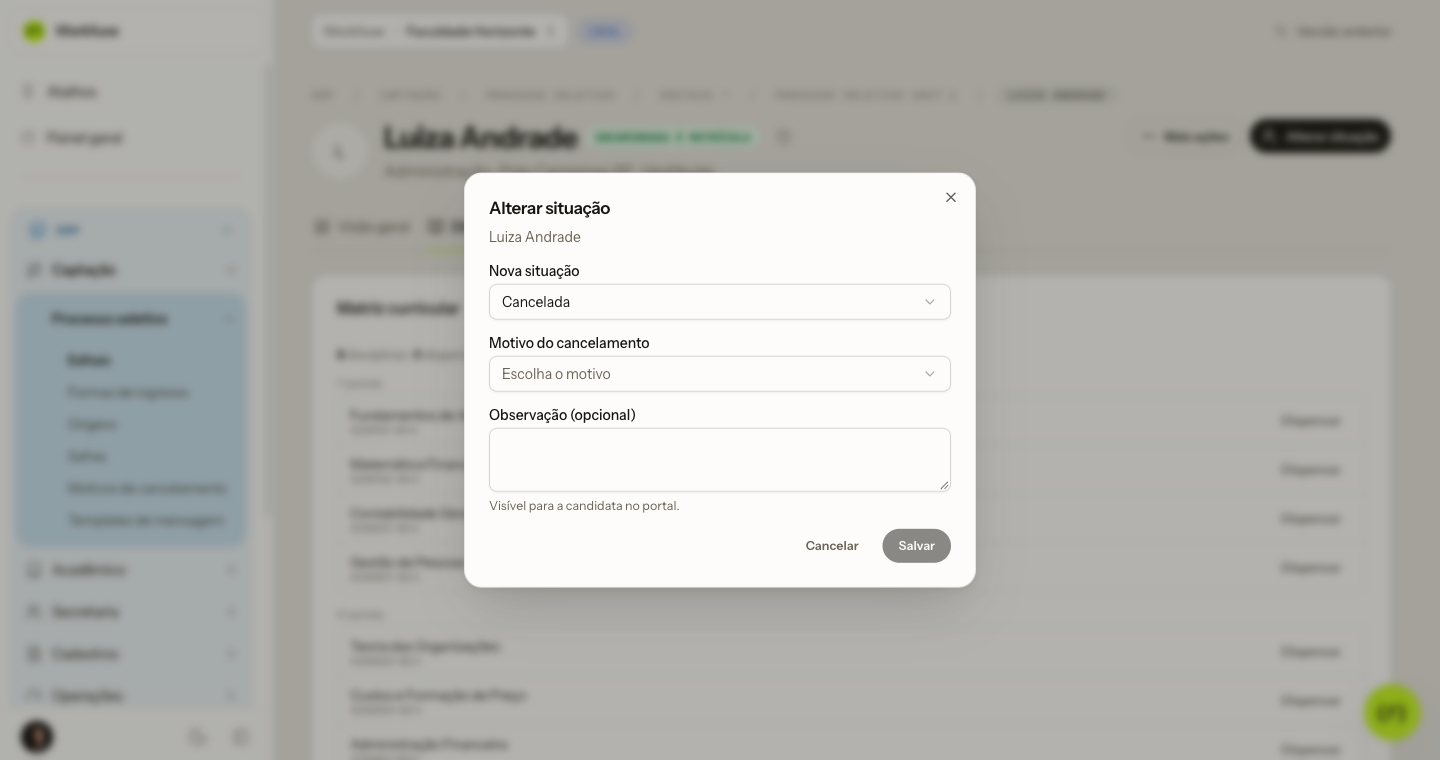 A modal de alterar situação, cancelando uma inscrição