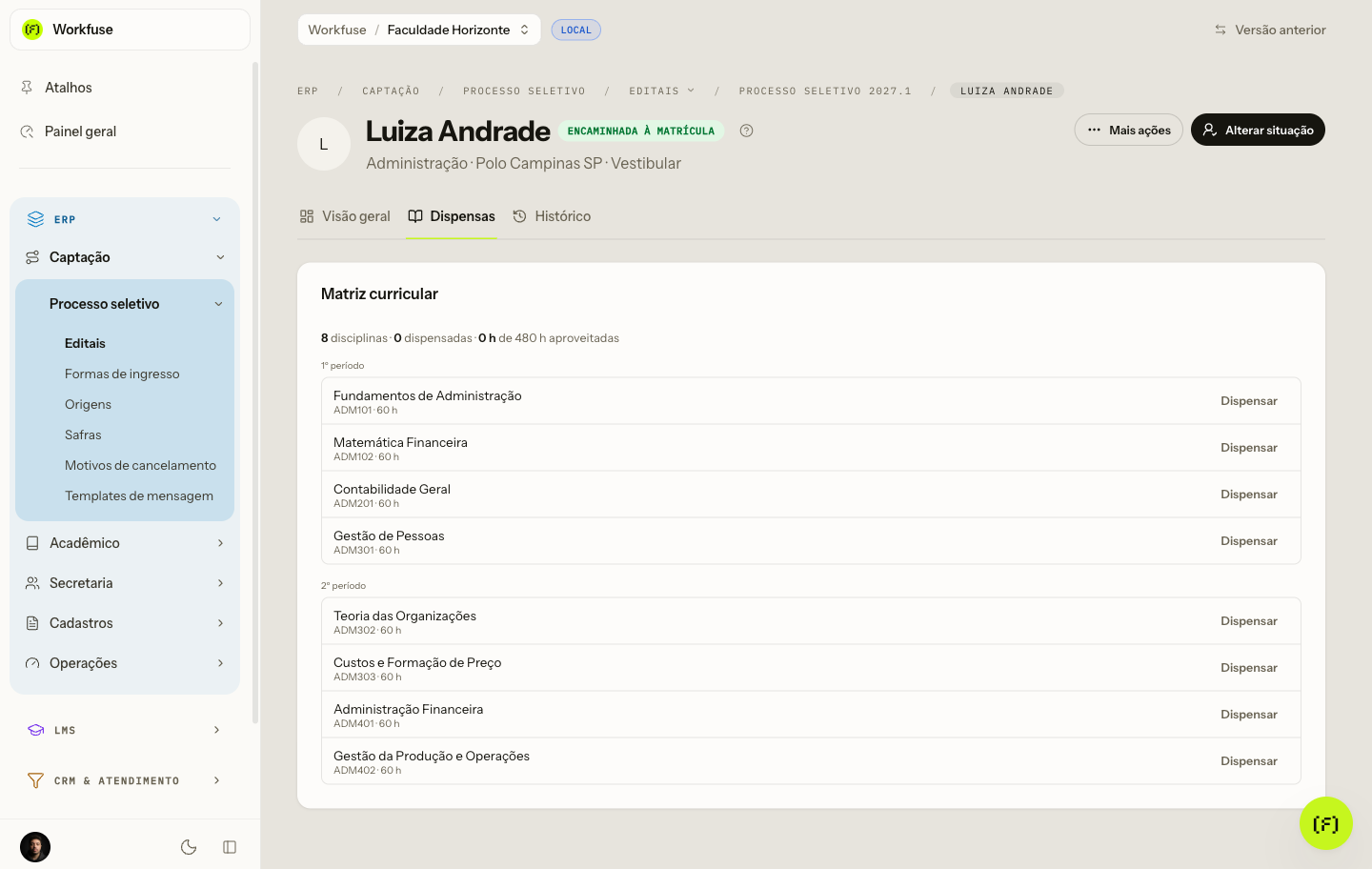 A aba de disciplinas, com a matriz da oferta período a período