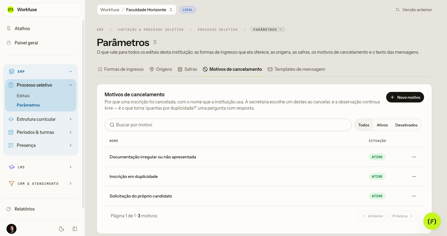 A página de motivos de cancelamento, com os três que toda instituição recebe